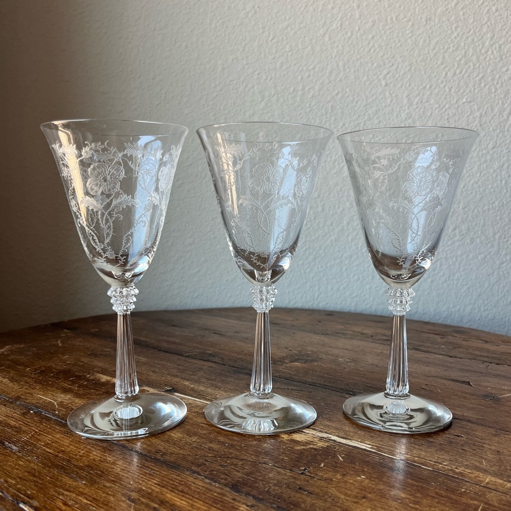 Set of 3 Fostoria Shirley Pattern Water/Wine Goblet/Glass